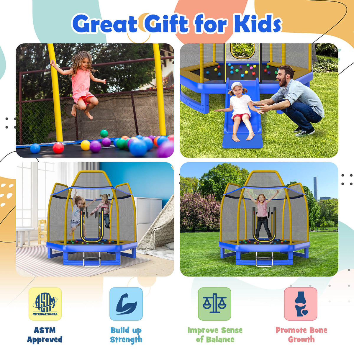 A blue hexagonal trampoline with a slide and safety net, shown with children playing and a father