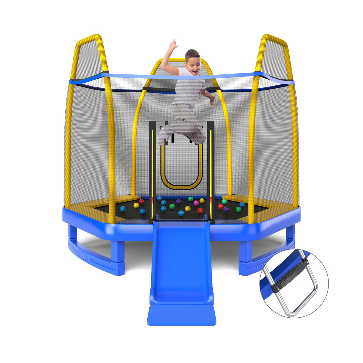 7 Feet Hexagonal Trampoline with slide and safety enclosure net in blue and yellow with a child jumping