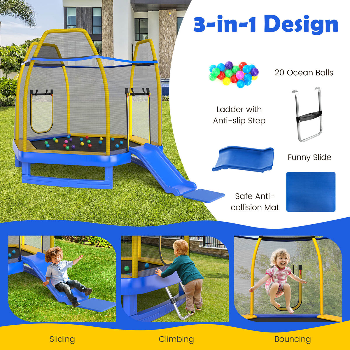 A blue hexagonal trampoline with slide and safety net shown in use for sliding, climbing and bouncing