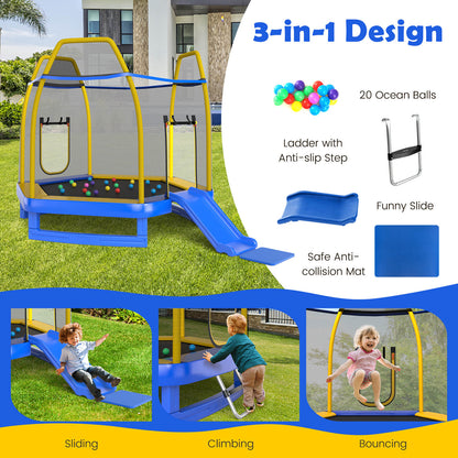 A blue hexagonal trampoline with slide and safety net shown in use for sliding, climbing and bouncing