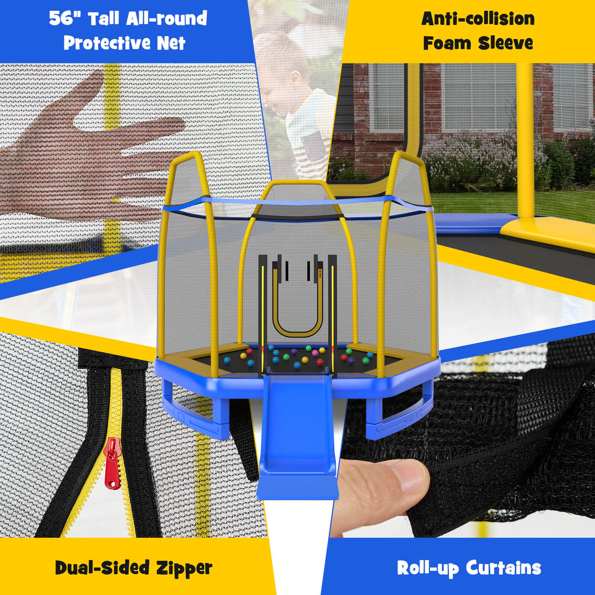 Close up of the safety net, zipper and roll-up curtains on the blue hexagonal trampoline