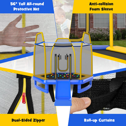 Close up of the safety net, zipper and roll-up curtains on the blue hexagonal trampoline