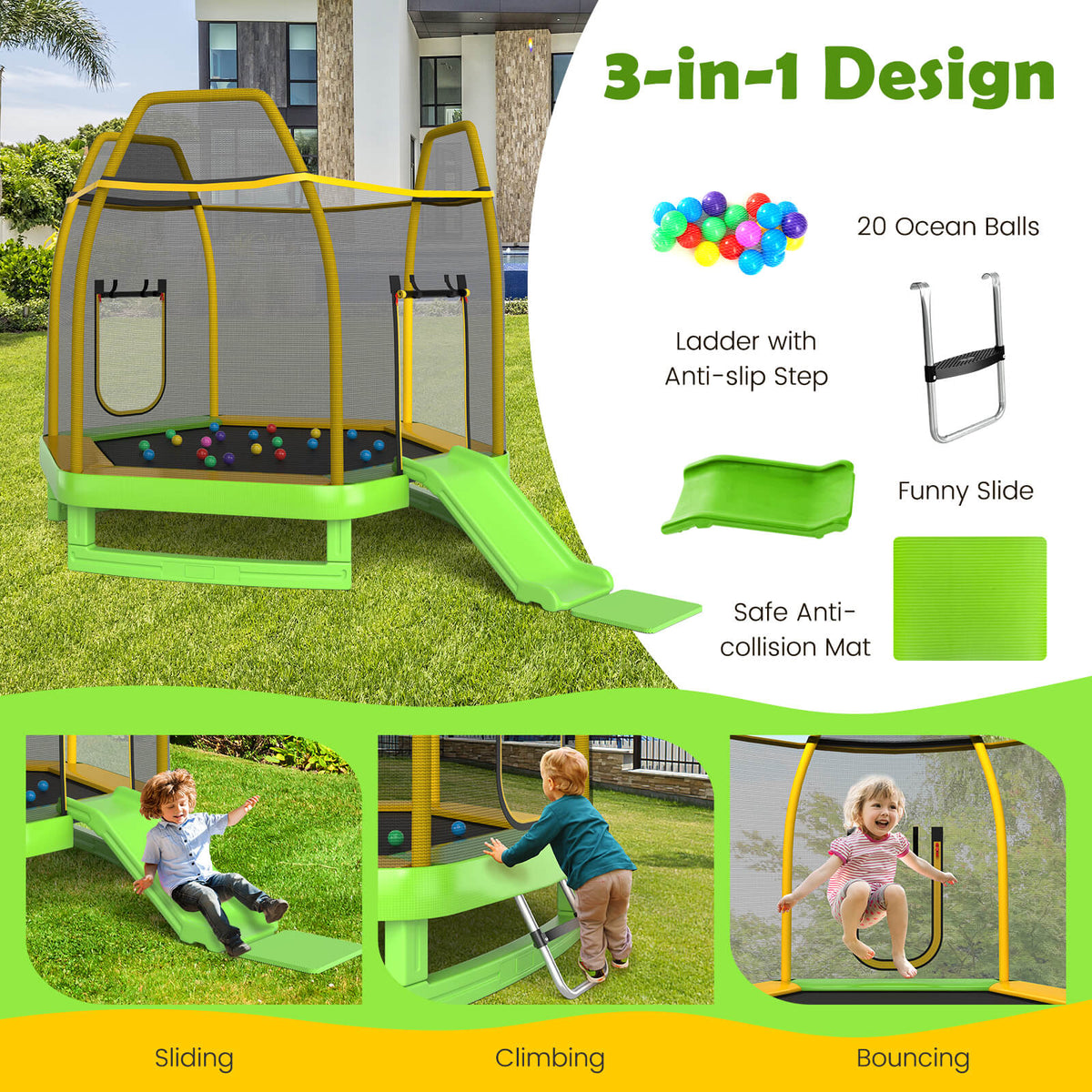 The hexagonal trampoline showing the included balls, slide, ladder and play activities