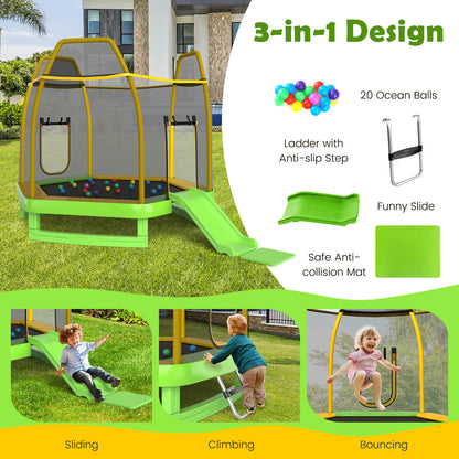 The hexagonal trampoline showing the included balls, slide, ladder and play activities