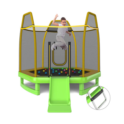 The hexagonal trampoline with a child jumping and a close-up of the ladder step