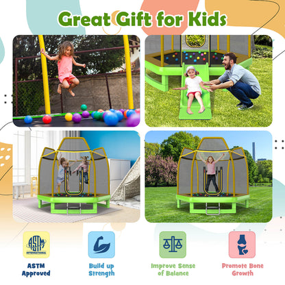 The hexagonal trampoline in various settings with icons highlighting health benefits
