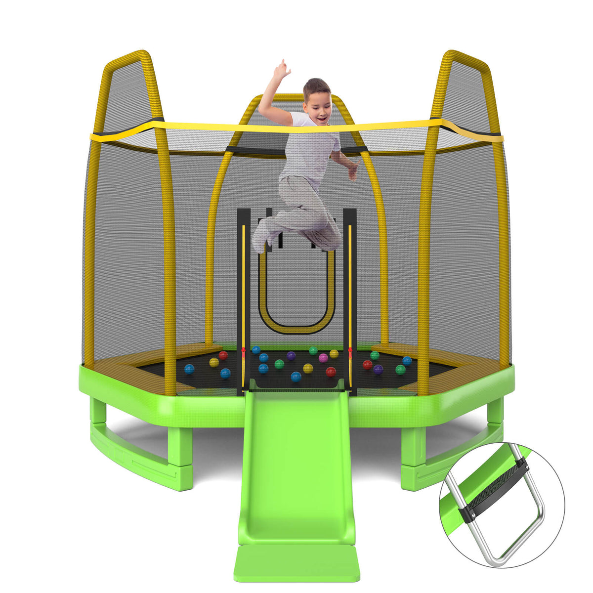 7 Feet Hexagonal Trampoline with a child jumping inside and a green slide attached