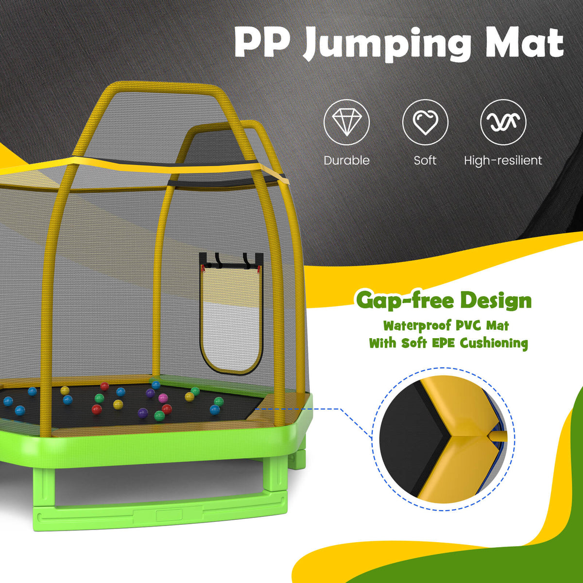 The hexagonal trampoline highlighting the jumping mat and gap-free safety design
