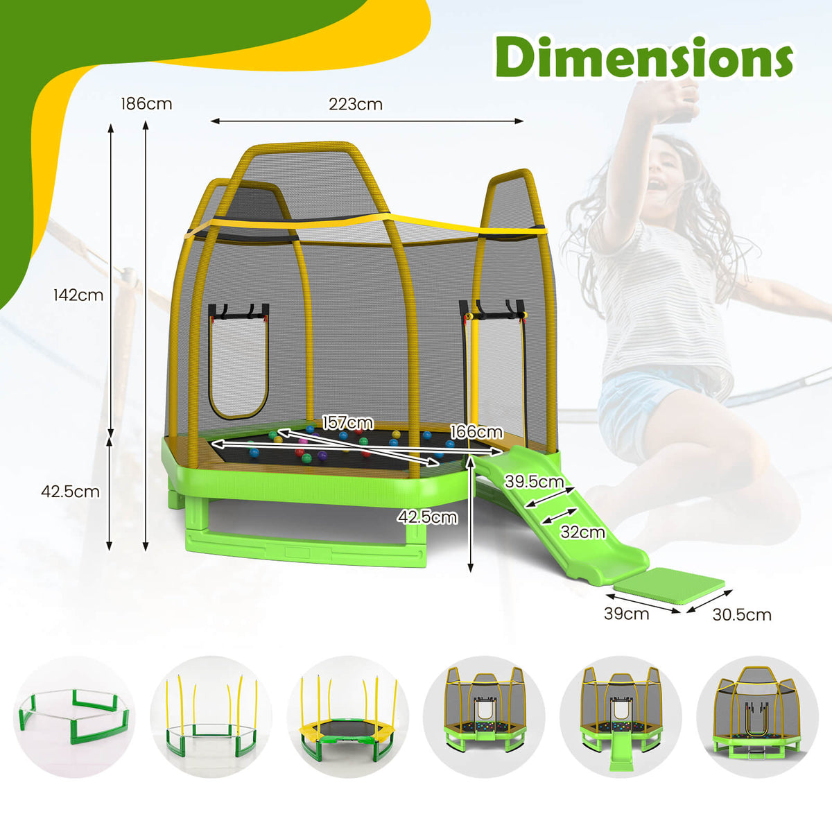 The hexagonal trampoline with technical dimension lines and assembly steps shown