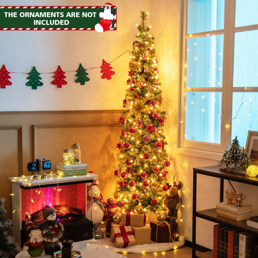 The pre-lit half-shape Christmas tree decorated with baubles and lights, set up in a cosy room with presents underneath