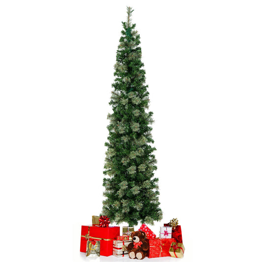 7 FT Pre-Lit Half-Shape Christmas Tree with 403 branch tips and 150 LED lights, standing tall with wrapped presents around