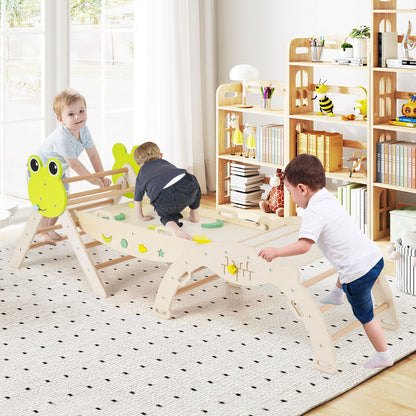 Three children playing on the wooden climbing frame inside a bright living room