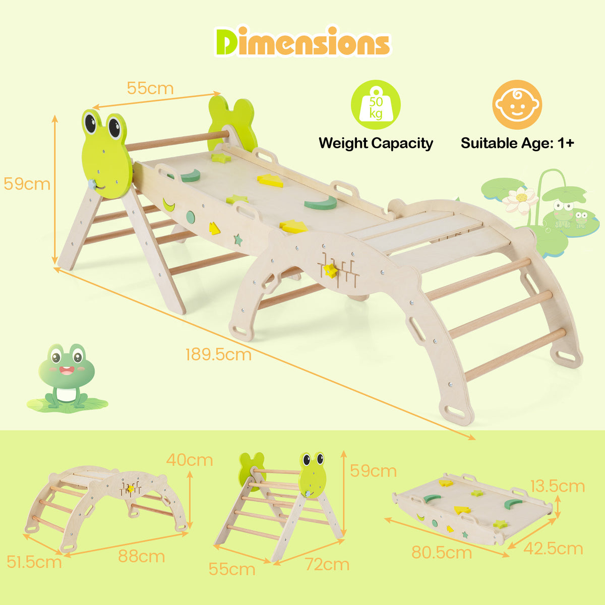 The climbing frame with annotated dimensions and technical specifications