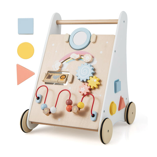 7 in 1 Baby Wooden Baby Walker with activity board and floating shapes on a white background