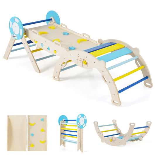 7-in-1 Colorful Montessori Climber Set is a wooden climbing frame with macaron colours, a slide and climbing rungs