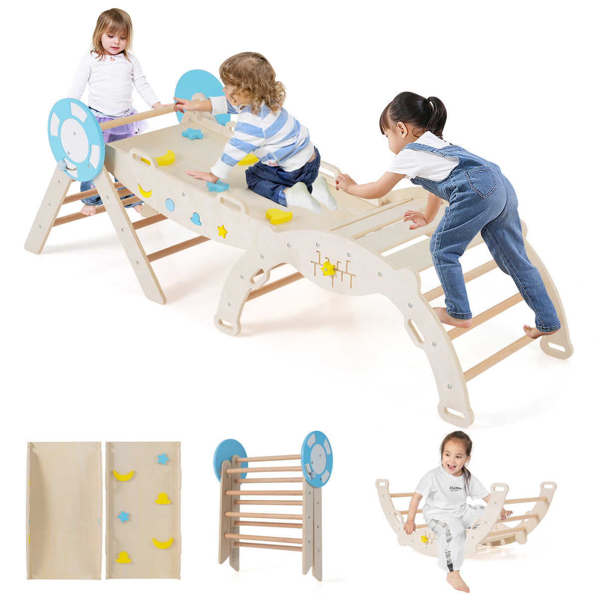 Children climbing on the wooden frame and sitting on the rocking arch component