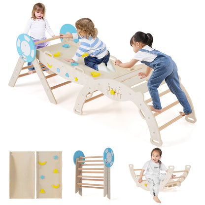 Children climbing on the wooden frame and sitting on the rocking arch component