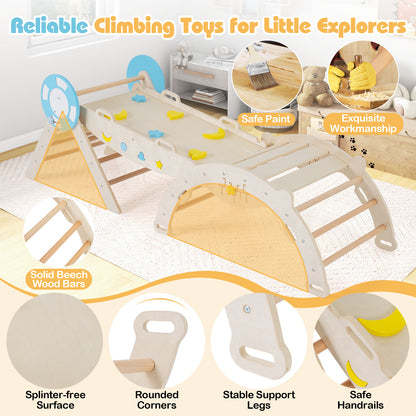 The climbing frame with close-up details of the wood finish and safety features