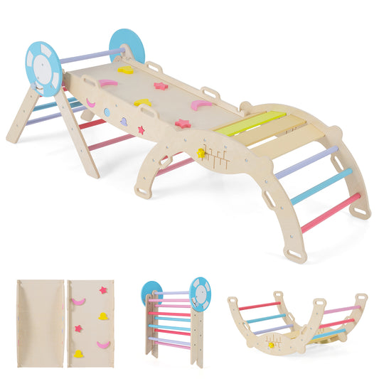 7-in-1 Colorful Montessori Climber Set wooden climbing frame with colourful rungs and pastel shapes