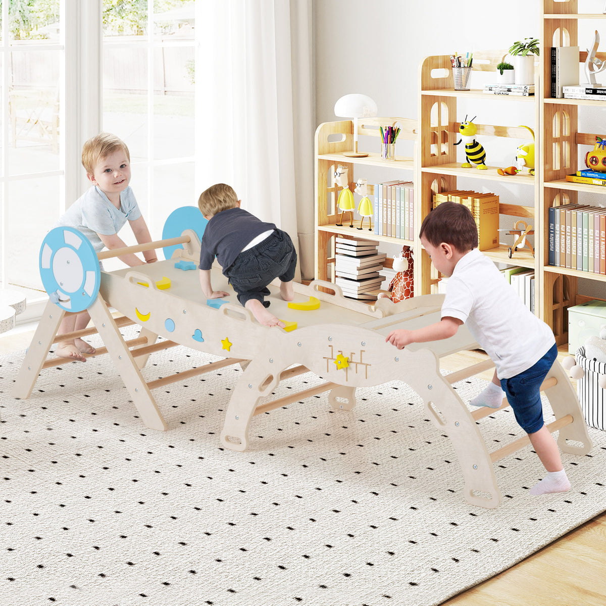 Three toddlers playing on the wooden climbing frame in a bright nursery room