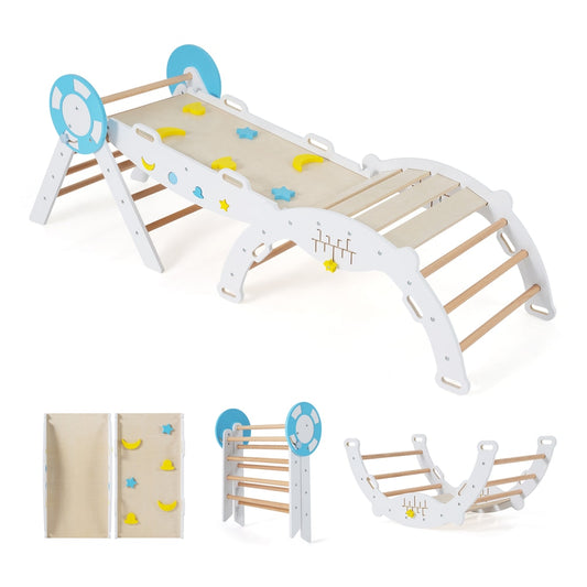 7-in-1 Colorful Montessori Climber Set white with blue accents and colourful stars and moons