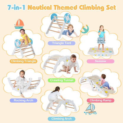 Collage showing the seven different configurations of the nautical themed climbing set