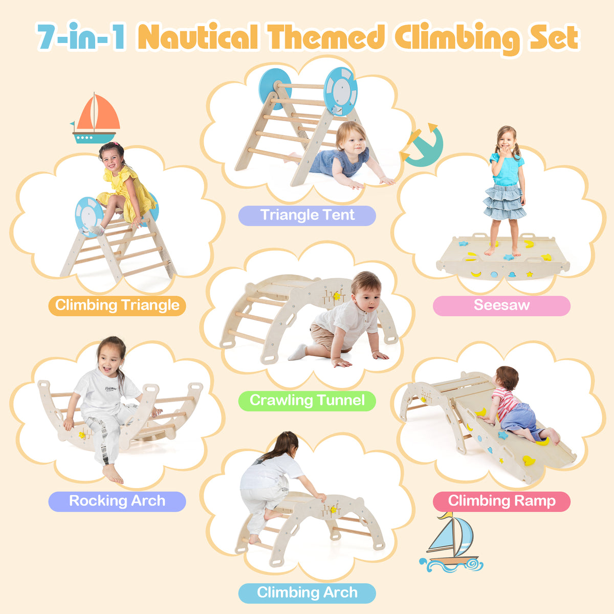 The climbing frame showing seven different configurations for active play