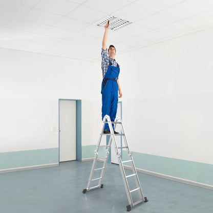 A man in a blue uniform using the extension ladder to change a ceiling light fitting