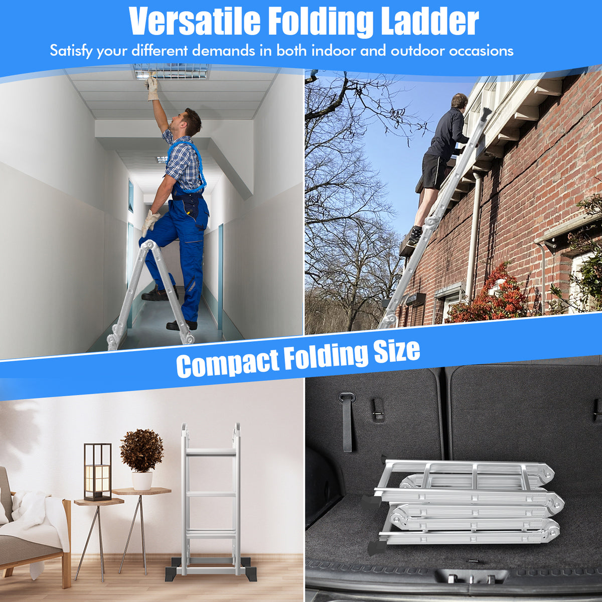 Collage showing the ladder in use indoors and outdoors, and its compact folded size
