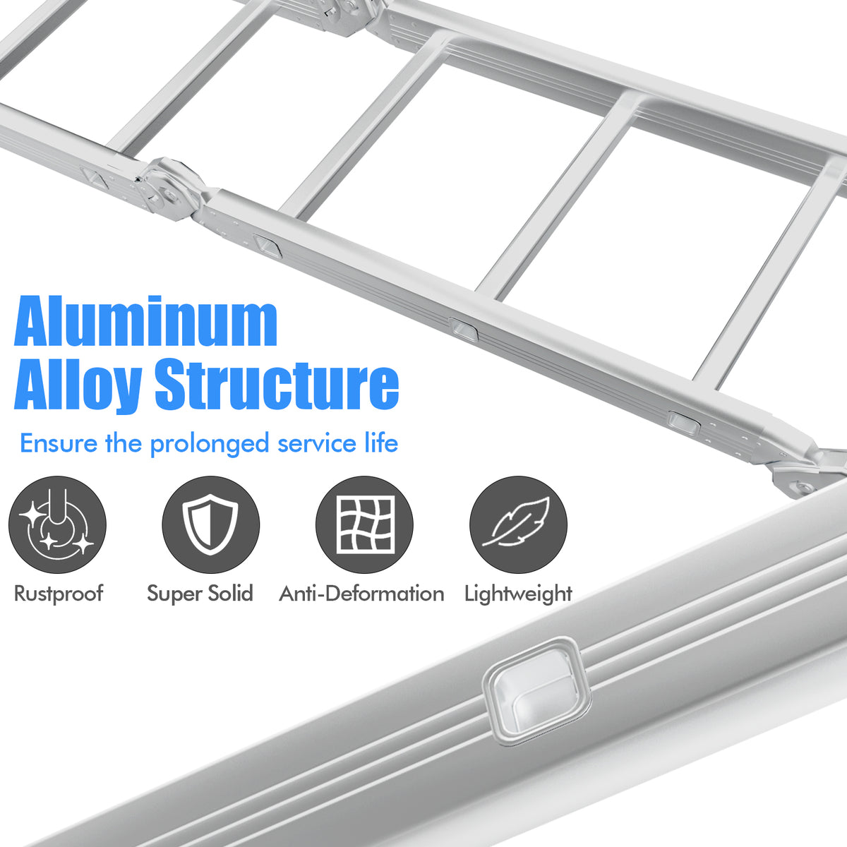Close-up of the aluminum alloy structure of the ladder, highlighting its features