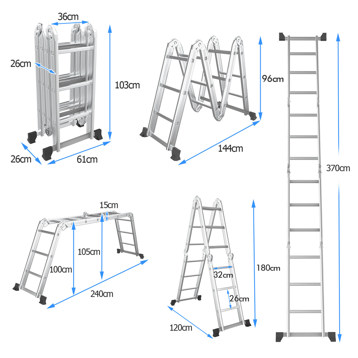 Diagram showing the different configurations and dimensions of the folding ladder