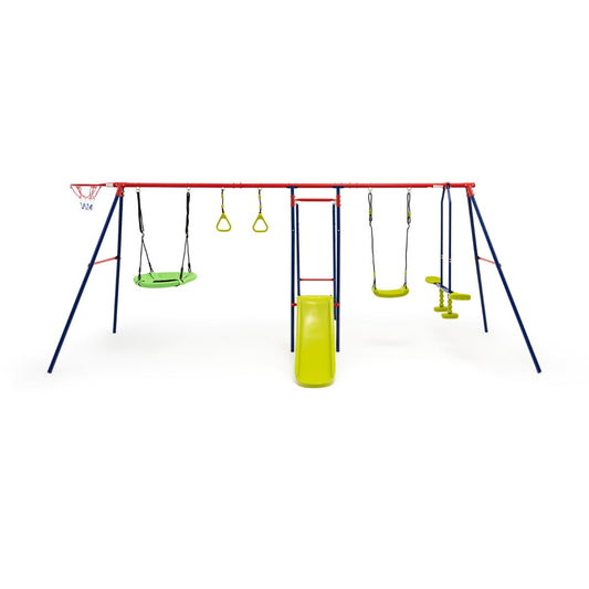 7-in-1 Kids Swing Set with various play stations including a slide and basketball hoop