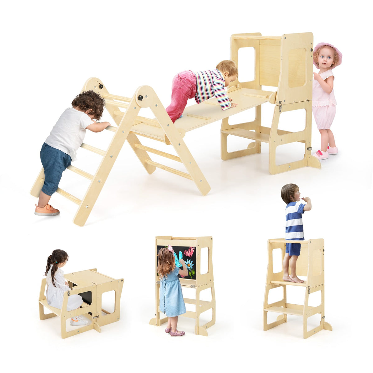 7-in-1 Toddler Climbing Toy Set Folding with Step Stool Ages 3-14 Years Old-Natural in use by children playing