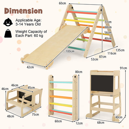 Dimension diagram showing the size of the climbing frame, step stool and chalkboard