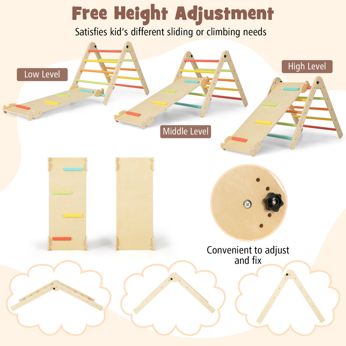 Diagram showing height adjustment options for the climbing frame