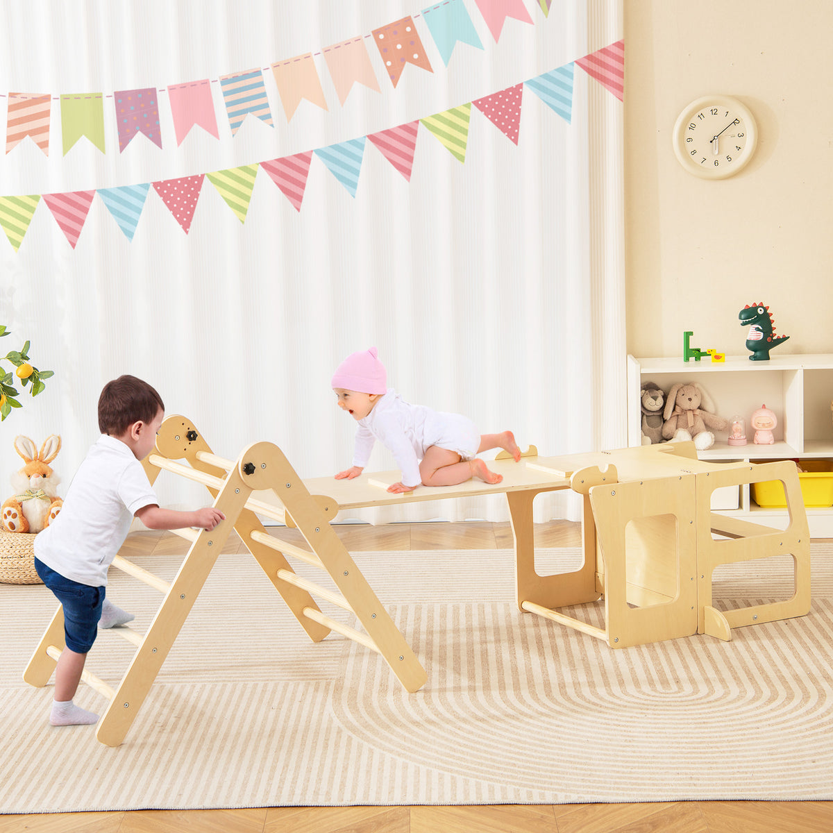 Wooden climbing frame with slide and ladder in a room with bunting and toys