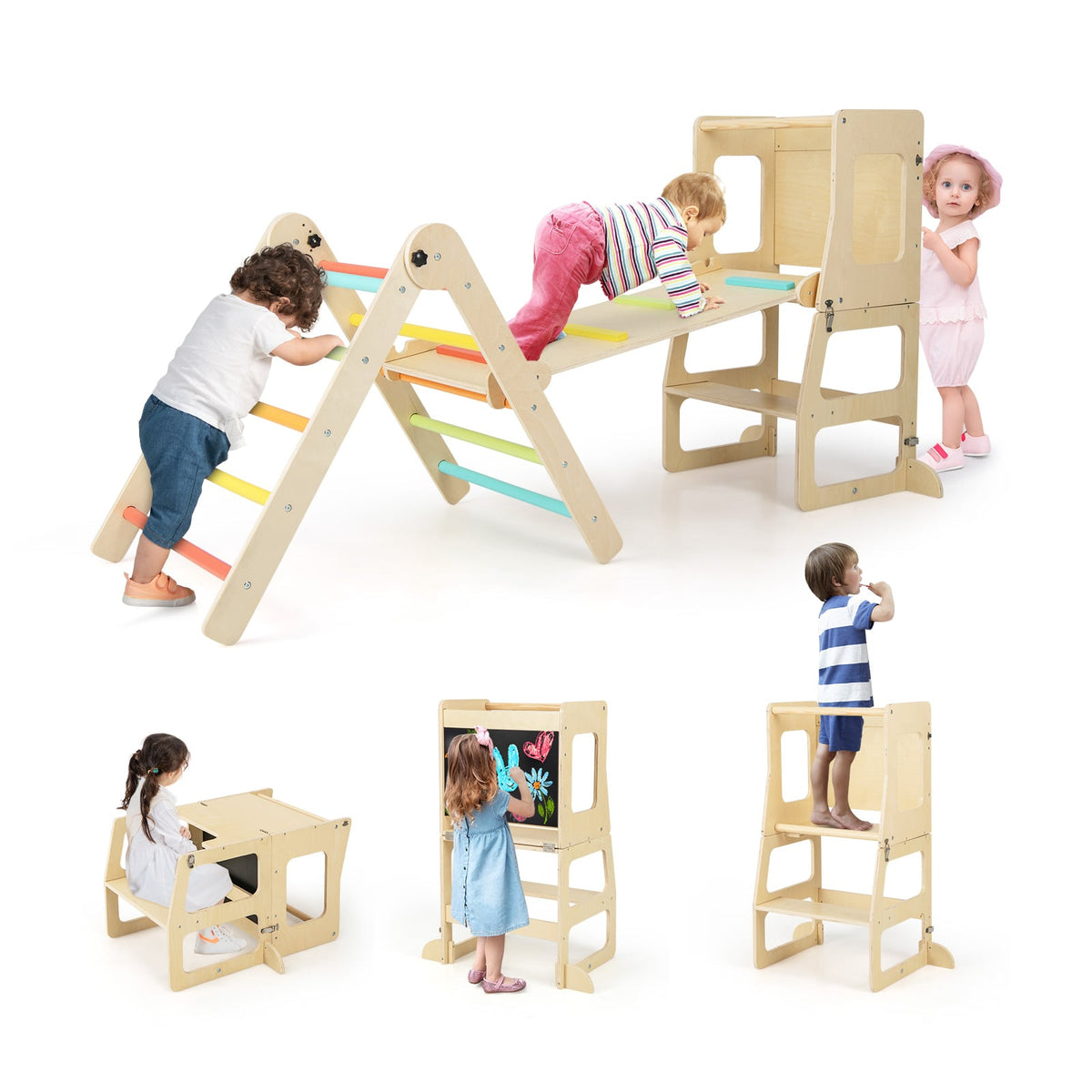 7-in-1 Toddler Climbing Toy Set Folding with step stool for ages 3-14 years old in colourful wood