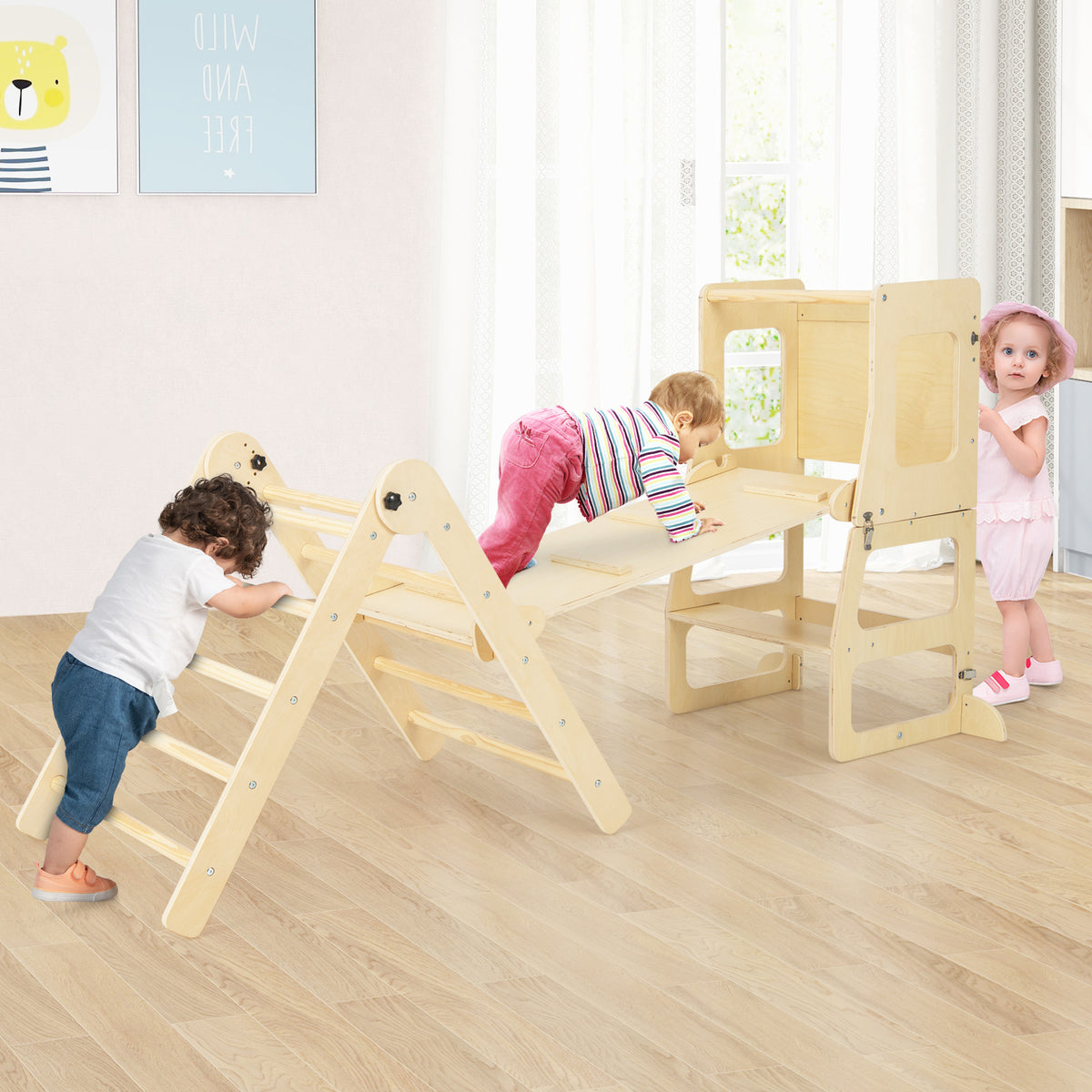 Children climbing on a wooden play set with slide and step stool