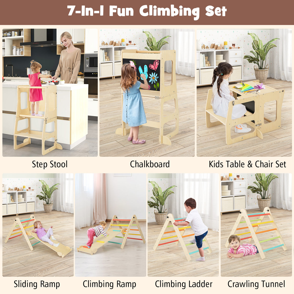 Collage of different configurations and uses for the climbing set