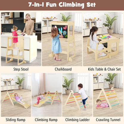 Collage of different configurations and uses for the climbing set