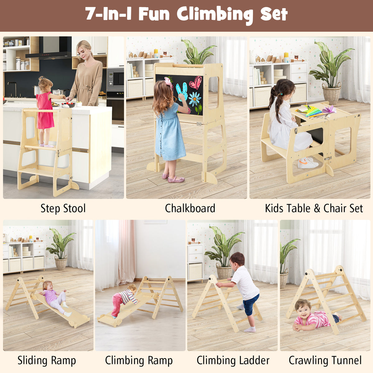 Collage showing the 7-in-1 climbing set in various configurations and uses