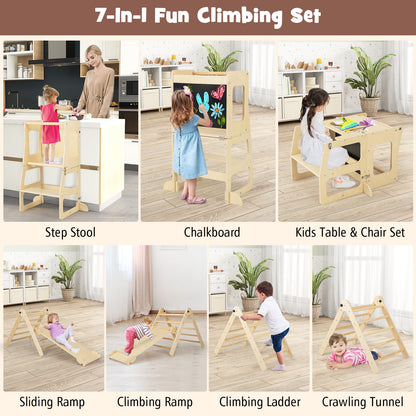 Collage showing the 7-in-1 climbing set in various configurations and uses