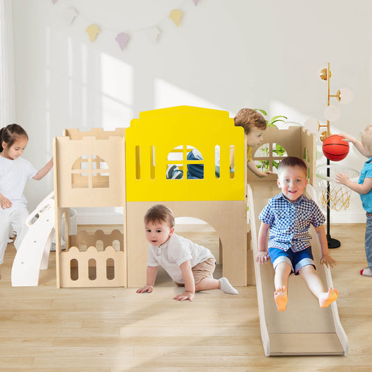 Children playing on the wooden playground slide set indoors