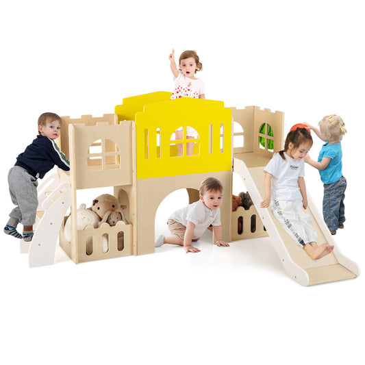 7-in-1 Toddler Slide Set with ladder and long aisle wooden playground in multicolor