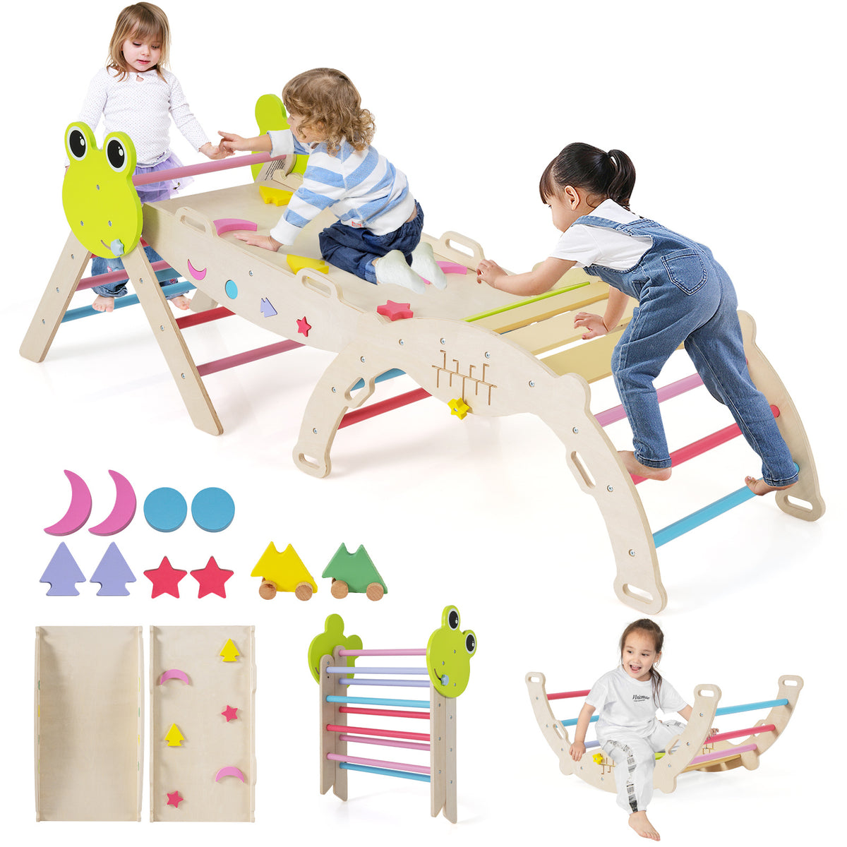 Children climbing and playing on the colourful wooden climbing frames with extra shapes shown