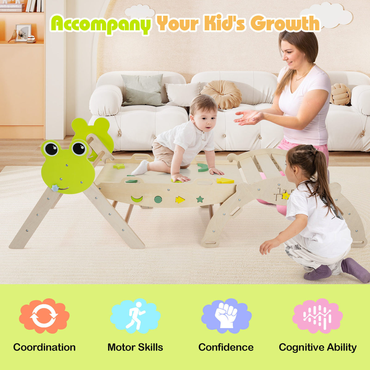 The climbing frame in use with a mother and children showing developmental benefits