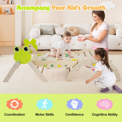 The climbing frame in use with a mother and children showing developmental benefits