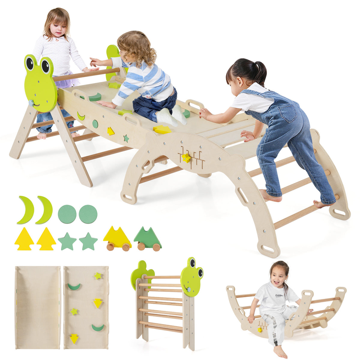 The climbing frame with children playing and small wooden shapes displayed below