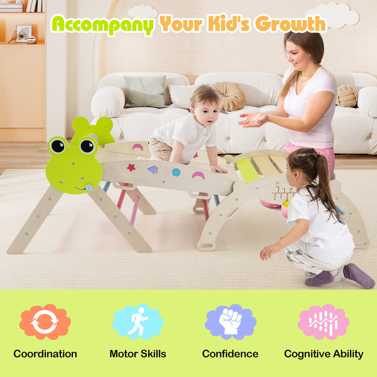 Mother watching a child crawl on the wooden climbing frames in a living room setting