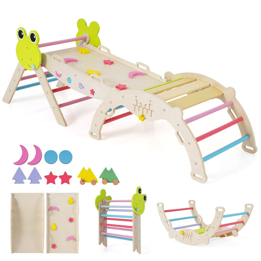 7-in-1 Triangle Set featuring a frog climbing frame with a ramp and various colourful wooden shapes